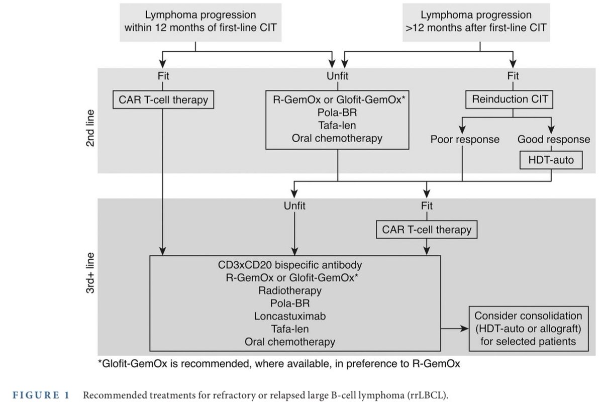 🩸R/R LBCL:  BSH guide

⏱️Relapse ≤12 months:
✔️ Fit → CAR-T preferred
❌ Unfit → R-GemOx / Glofit-GemOx, Pola-BR, Tafa-len

⏱️ Relapse >12 months:
🔁 Re-induction → response? → Auto-SCT
➡️ CAR-T or bispecifics in later lines

🎯 Treatment guided by timing, fitness, response