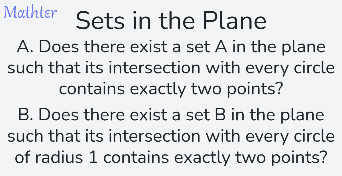 MathterRiddler's tweet photo. Puzzle from the Mathter website - Sets in the Plane: https://t.co/UXUBgr6Fng 
#Puzzle #Circles #ConstructinganExampleCounterexample #SetTheory #ProofbyContradiction #MinimumandMaximumProblemsOptimizationProblems https://t.co/iH2eEQRy2P
