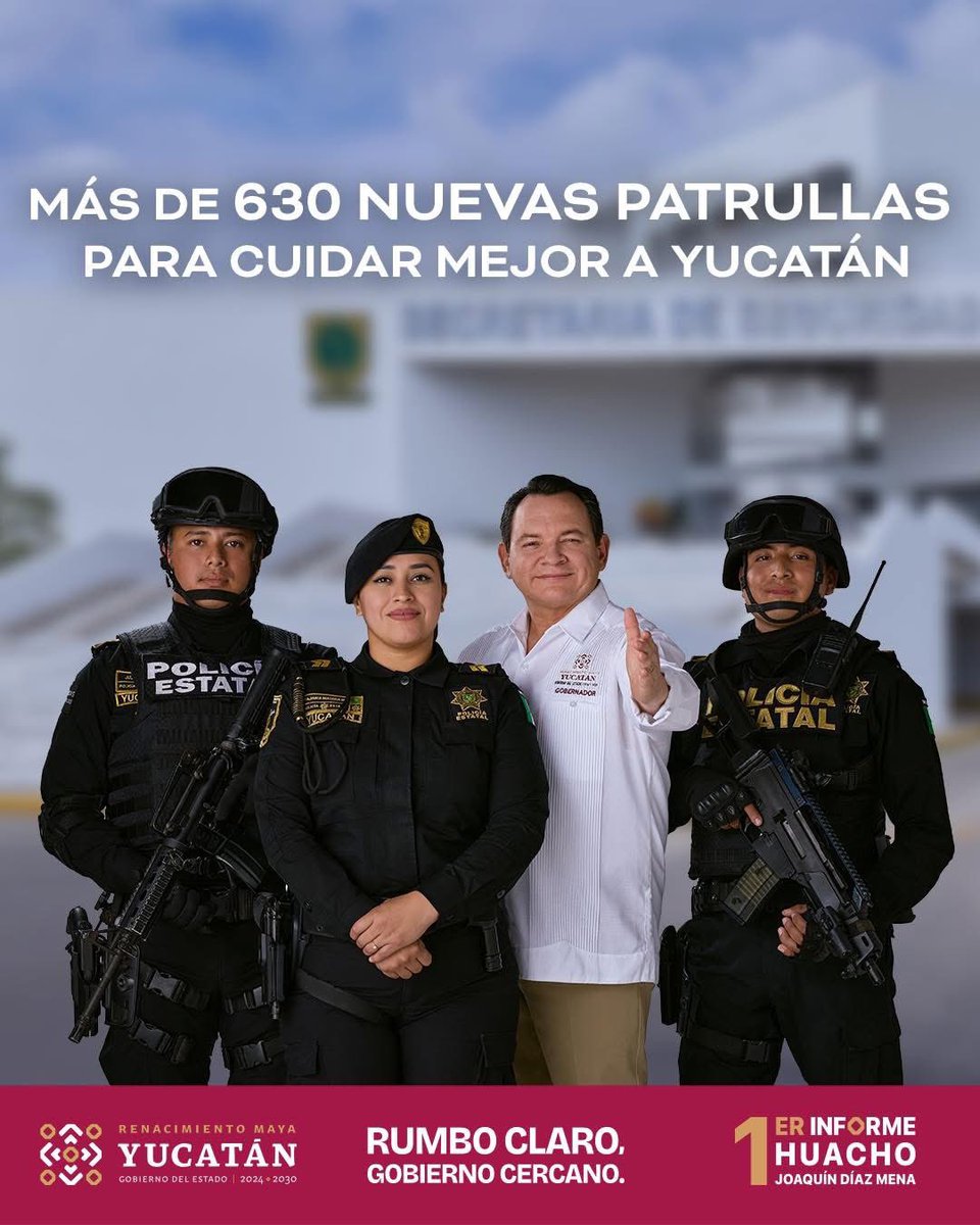 🛡 Refuerzo de la capacidad operativa en todo el estado.

Más de 630 nuevas patrullas para fortalecer la vigilancia.

#RumboyCercania 👉🏼 yucatan.gob.mx/informe