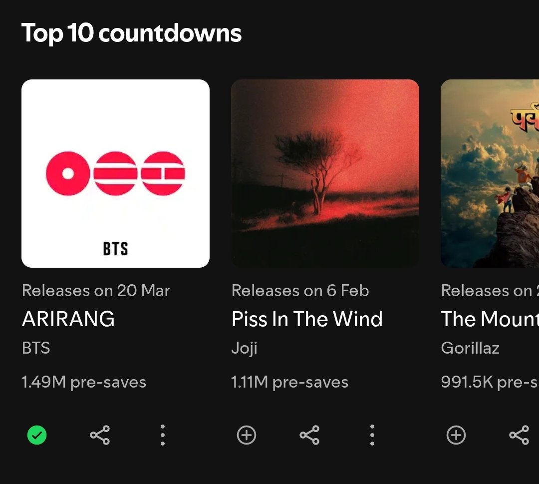 kimgayism's tweet image. ARIRANG by BTS is now at #1 as the most pre saved album on spotify with 1.49 Million pre saves in just two days.