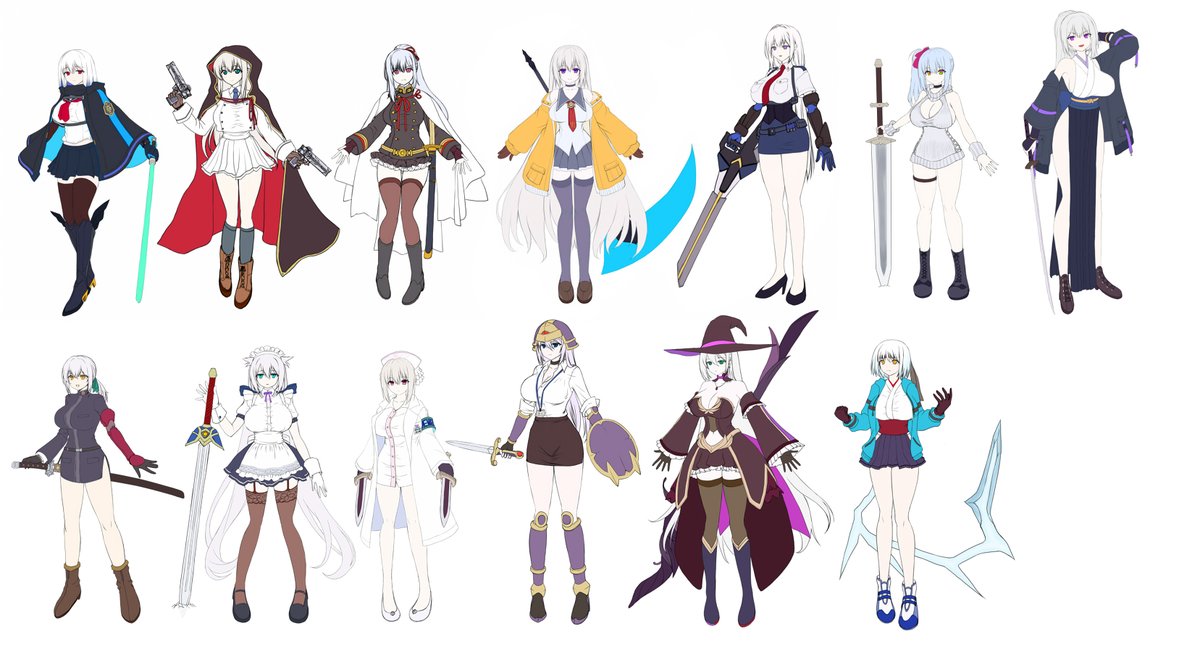 この前のチャイナドレス風巫女はチャイナドレス風サムライになりました。ついでに前に描いたデザインが見返したらしんどかったので一人手直し。これで銀髪企画は13キャラになったけど一人は没にすると思う。魔女風のキャラはあまりにもそのまんまなのでデザイン考えなおします。 