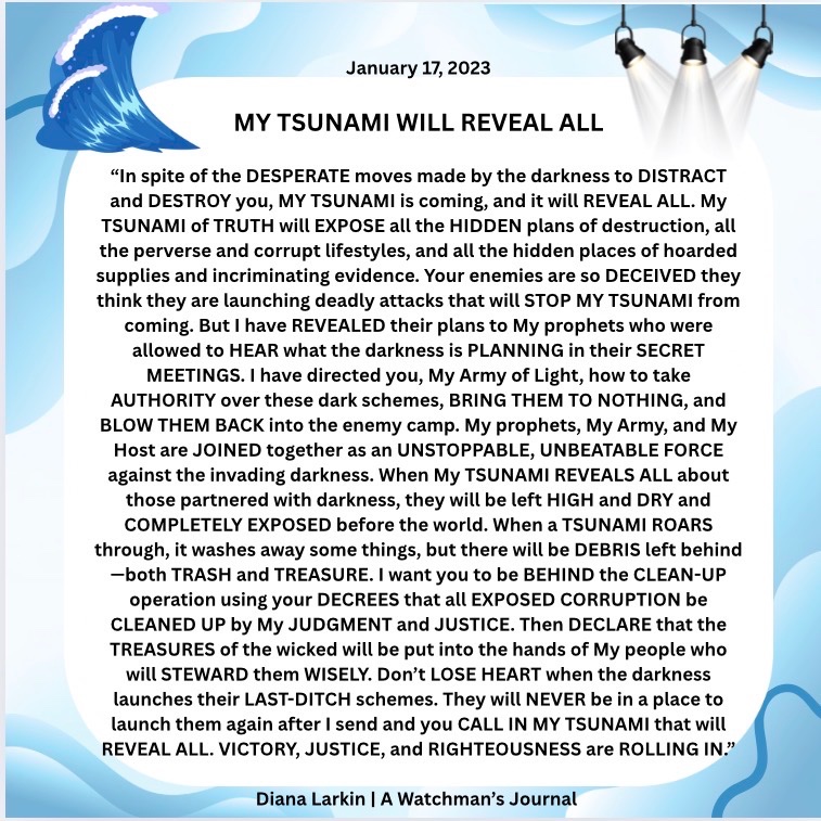 JournalDiana11's tweet image. Powerful JOURNAL NUGGET from 3 years ago:
“My TSUNAMI of TRUTH will EXPOSE all the HIDDEN plans of destruction, all the perverse and corrupt lifestyles, and all the hidden places of hoarded supplies and incriminating evidence.”