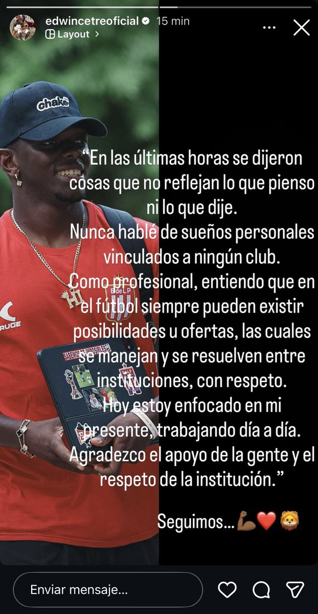 #EDLP Edwuin Stiven Cetré Angulo en sus redes sociales sobre los trascendidos y su supuesto deseo de jugar en River 🇦🇹⬇️