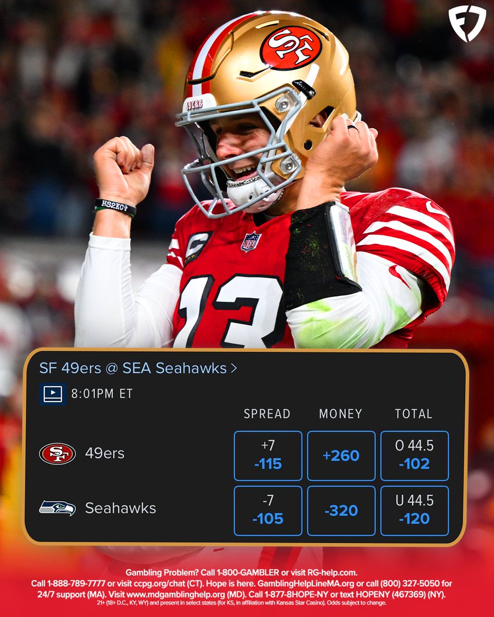 FDSportsbook's tweet image. The public is RIDING with the 49ers tonight 😤

🔴 84% of ML bets 
🔴 53% of ML handle 
🔴 66% of spread bets 
🔴 55% of spread handle 

Nobody believes in Sam Darnold 💔