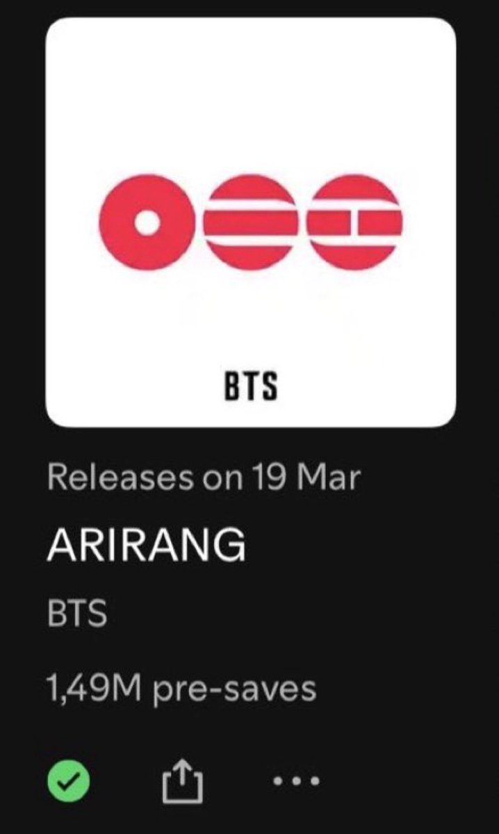 writingbyrkive's tweet photo. ISSO NÃO É UM TREINAMENTO: 

"ARIRANG" do #BTS sobe para o número #1 na parada global Spotify Countdown Albums chart com 1,49 milhão de pré-salvos totais.

CONGRATULATIONS BTS
BTS IS COMING
ARIRANG IS COMING
#BTSComeback2026 
#BTSARIRANG https://t.co/UcLZfR1g0X