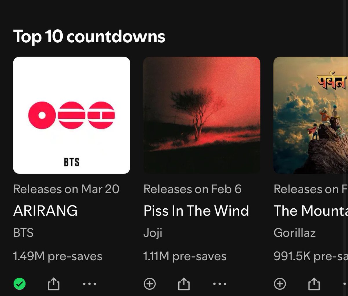 BTSFondosARMYCo's tweet image. 🏆🎉 RÉCORD EN SPOTIFY 🎉🏆

Con 1.49 millones de preguardados, el álbum Arirang de BTS se posiciona en el #1 del chart de preguardados en Spotify, logrando el récord como el álbum de K-pop con mayor número de preguardados en la historia de la plataforma.

💜 FELICIDADES, BTS 💜…