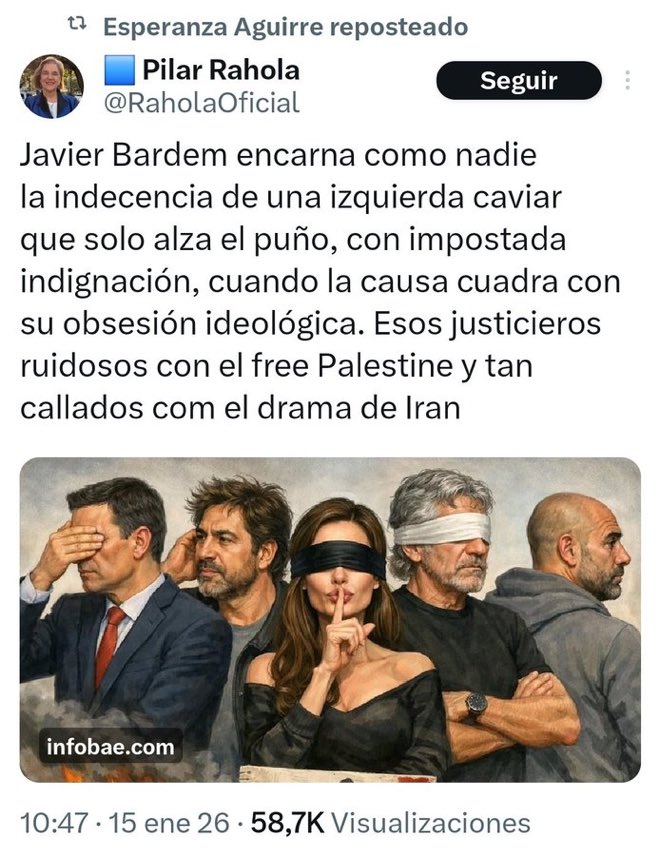 A la sionista y ultra Pilar Rahola "le preocupan las mujeres de Irán". Pero nada le importó el asesinato de miles de mujeres y niñas palestinas.
Es una miserable y no le importa nadie qué no sea ella y los criminales que les pagan.
No le llegas a Bardem ni a la suela del zapato.