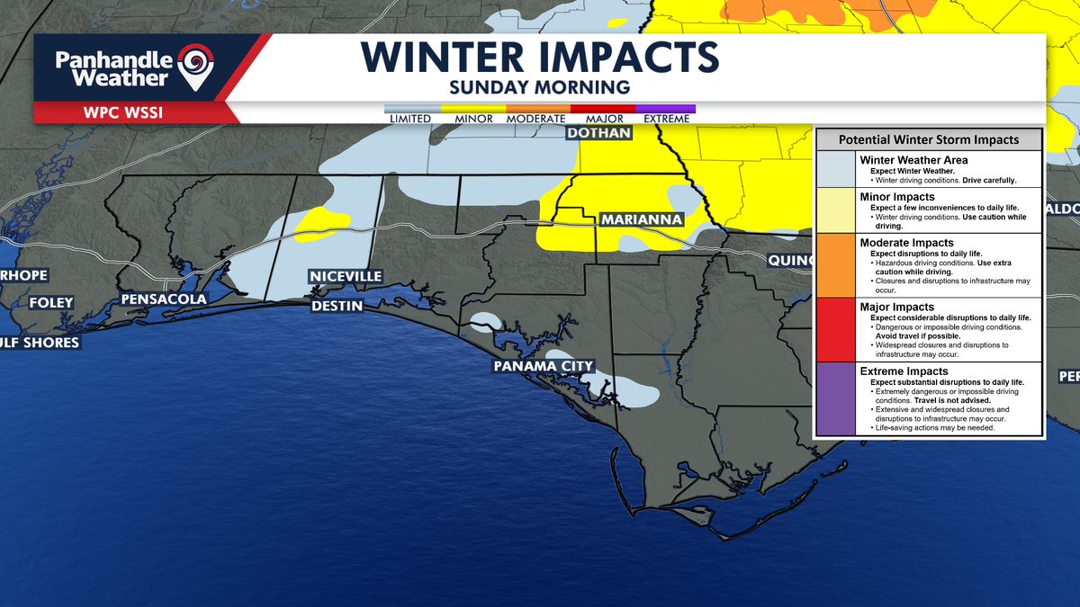 The WPC Winter Storm Severity Index shows areas that could see impacts from the snow Sunday AM...  notice the most significant impacts will be in Georgia with most of our area seeing little to no impact.
Download the Panhandle Weather App now at Onelink.to/panhandleweath…