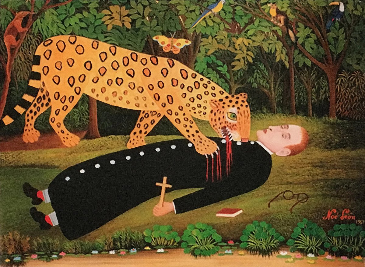 archaeologyart's tweet image. Misionero Comido Por Tigre (Missionary Eaten by a Tiger).

Artist: Noé León (Colombia), 1967. Medium: Oil on wood panel (Masonite). Private Collection.
