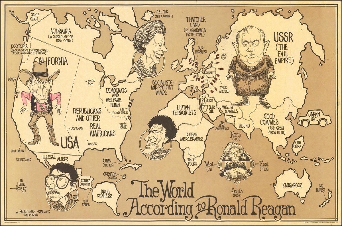 vintagemapstore's tweet image. "The World According to Ronald Reagan", by David Horsey, 1987.