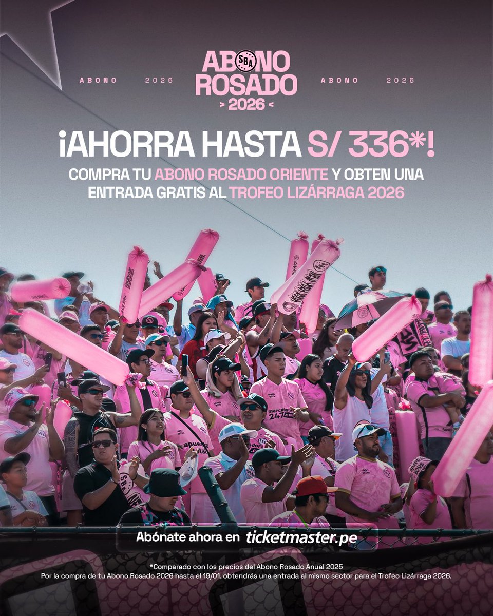Este 2026 se alienta desde la tribuna 💪🩷

Compra tu Abono Rosado Oriente, ahorra hasta S/ 336 y obtén una entrada gratuita al Trofeo Lizárraga 2026.🏟️

🎟️ Adquiere tu abono en ticketmaster.pe/event/trofeo-l…
⚠️ Aplican términos y condiciones. 

#VamosBoysTodaLaVida