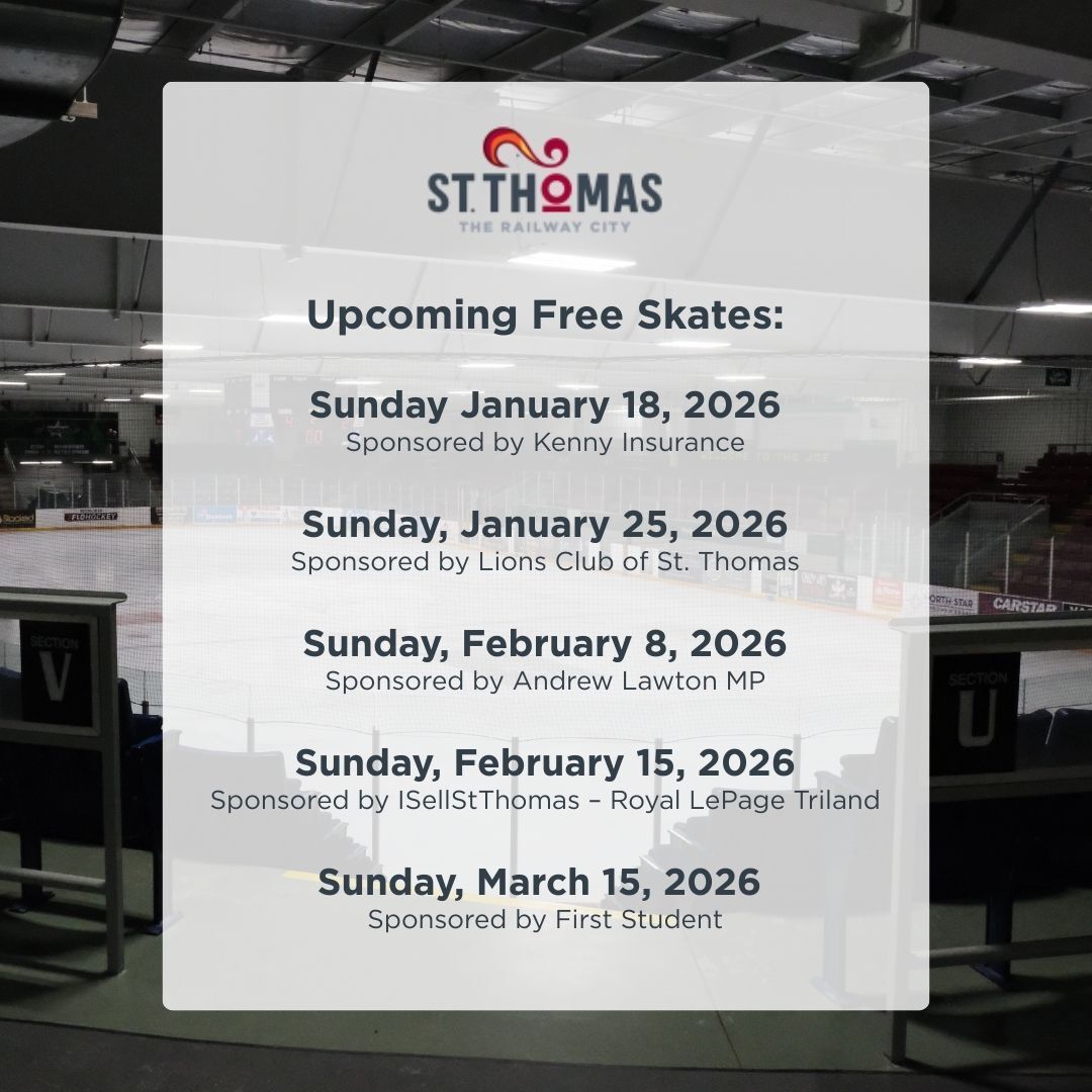 Only a few months left to enjoy FREE Sunday Skates at Joe Thornton Community Centre! ⛸️❄️

Sundays | 1:15–2:45 p.m.
📝 Waiver required | 🎒 Bring your own skates &amp; helmet
⛑️ Kids 12 &amp; under must wear a CSA-approved hockey helmet

#TheRailwayCity #StThomasON #FreeSkate