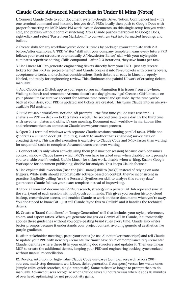 every PM who wants to become AI-native should watch this (81 mins)

Carl shows the complete workflow: user research to PRD to slides to engineering tickets - all automated with Claude Code

I distilled my main notes, but you have to watch the whole video: