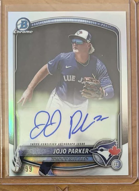 Parsons1023's tweet photo. Hit these piss missiles in a 2025 Bowman Draft break yesterday! Jojo Parker image variation auto #/99 and a Jake Cook popcorn variation out of a snack pack! @CardPurchaser #BlueJays #bowman #topps https://t.co/dn3adXU3tU