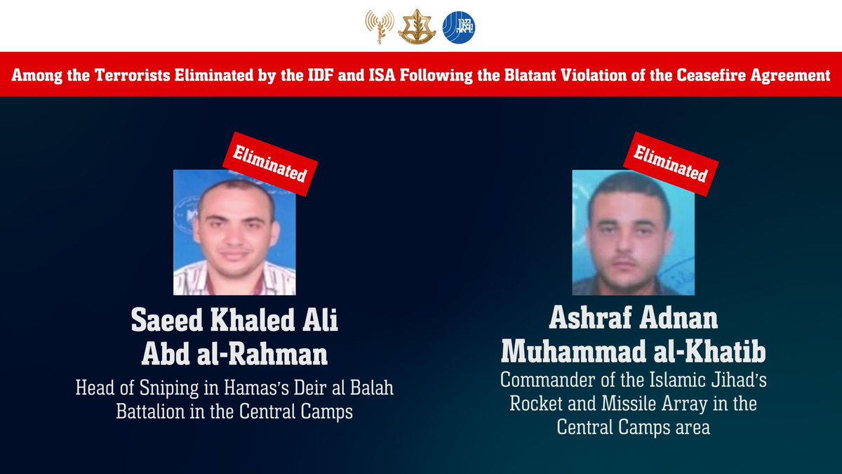 IDF's tweet image. 🔴ELIMINATED: Following the ceasefire violation in western Rafah earlier this week, the IDF struck &amp;amp; eliminated:  

• Muhammad Hamed Muhammad Khuli – Commander of Hamas’ Central Camps Operations Department, a key figure in the Central Camps Brigade and significantly involved in…