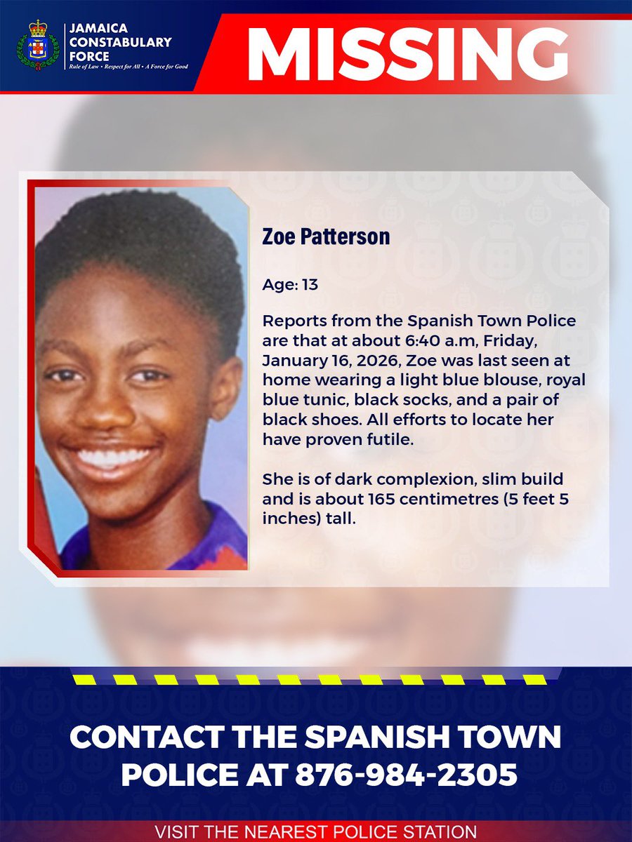 Help us locate missing Zoe Patterson. If you know her whereabouts, please call the Spanish Town Police or the nearest police station. 

#AnandaAlert #Missing