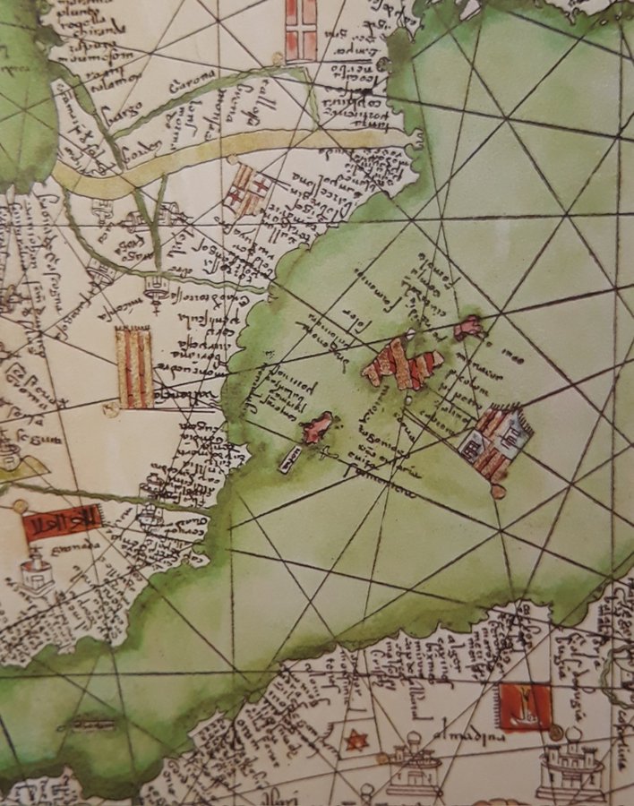 Fragment de l'Atles Català (1375) de Cresques Abraham, cartògraf jueu de Mallorca, l'obra mestra de la cartografia medieval.
L'Atles té 6 fulls. Hi figura la totalitat del món conegut en el seu temps.
Es troba a la Bibliothèque Nationale de París.