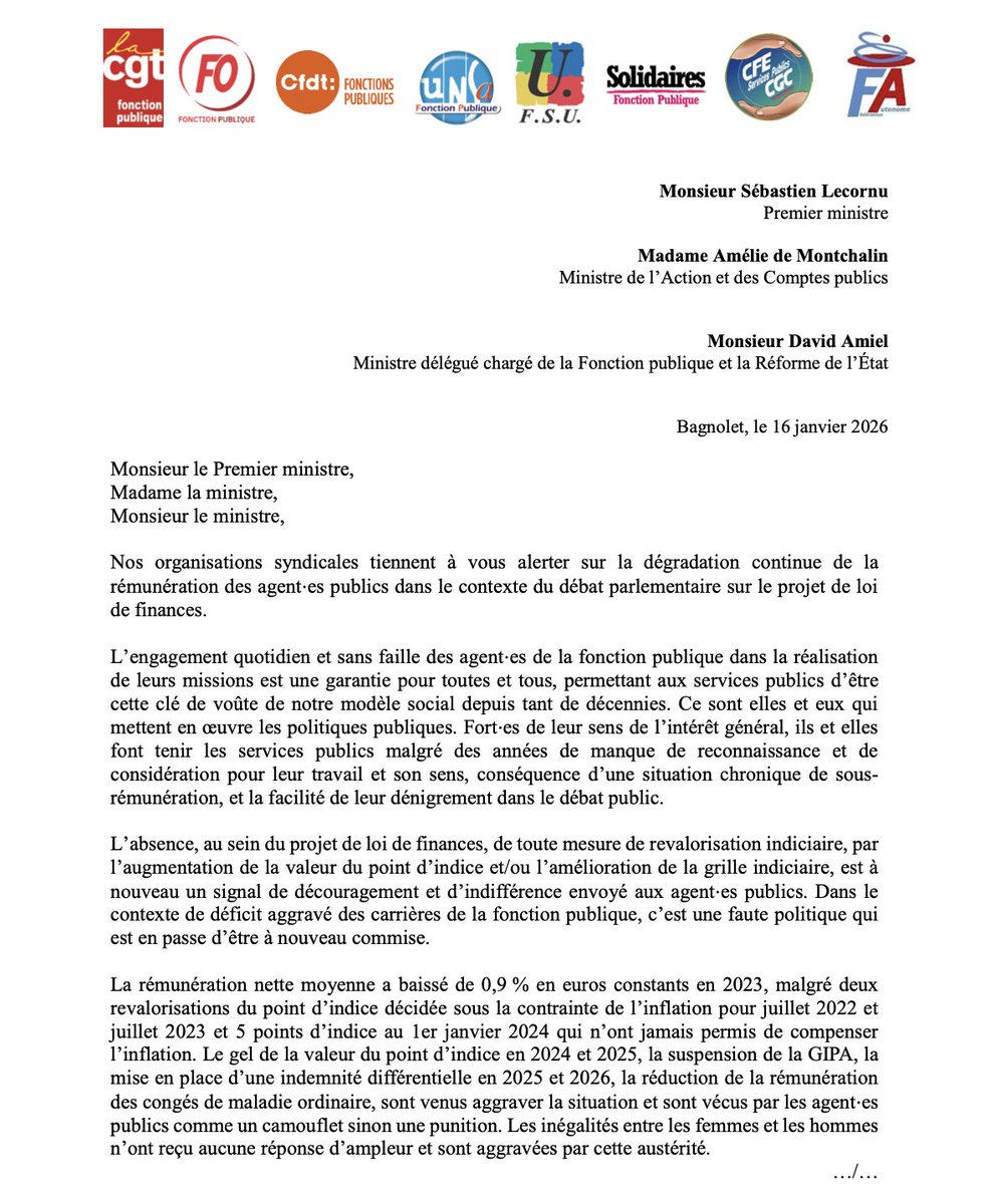 Ithyphallique's tweet image. 📨
Courrier de l'intersyndicale Fonction Publique complète au Premier Ministre pour demander une revalorisation salariale des fonctionnaires dans le cadre du budget 2026 : hausse de point, revalorisation des grilles, suppression du jour de carence et de 10% pendant les CMO.