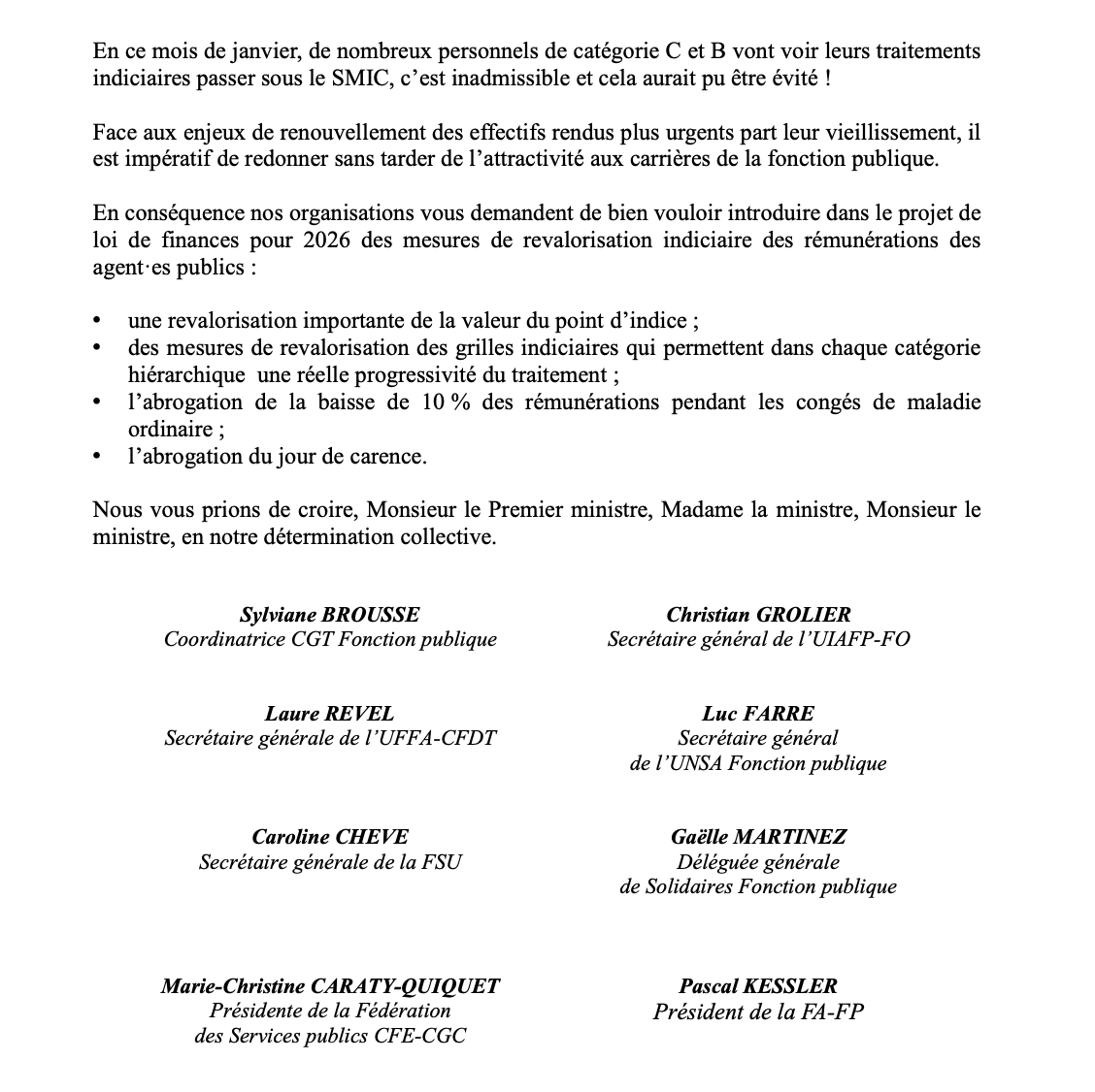 Ithyphallique's tweet image. 📨
Courrier de l'intersyndicale Fonction Publique complète au Premier Ministre pour demander une revalorisation salariale des fonctionnaires dans le cadre du budget 2026 : hausse de point, revalorisation des grilles, suppression du jour de carence et de 10% pendant les CMO.