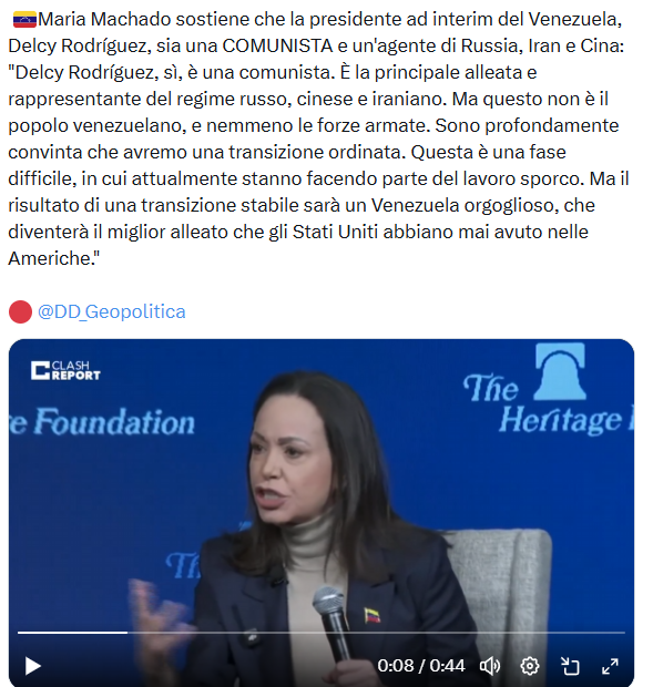 La Machado ci dice quella verità che Trump nega L'intervento militare ed il rapimento del presidente e della sua consorte ,non ha cambiato l'essere Chavista del paese  e l'essere comunista della sua presidente ad interim ,la "leonessa" Delcy Rodriguez