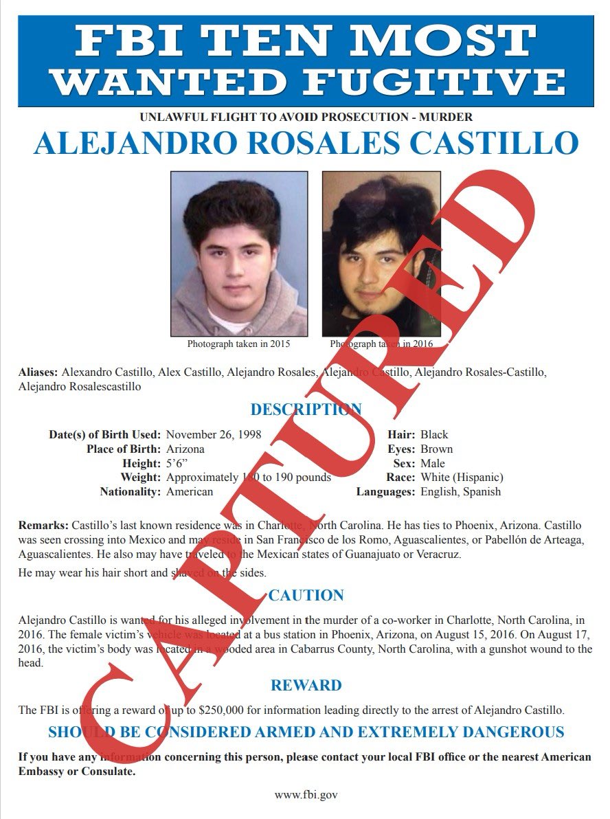 FBIDirectorKash's tweet image. BREAKING: Another FBI Ten Most Wanted Fugitive has been captured.

Alejandro Rosales Castillo - a Ten Most Wanted Fugitive since 2017 - was arrested in Mexico on Friday. He has been wanted on charges for the 2016 murder of his former coworker, 23 year old “Sandy” Ly Le in…