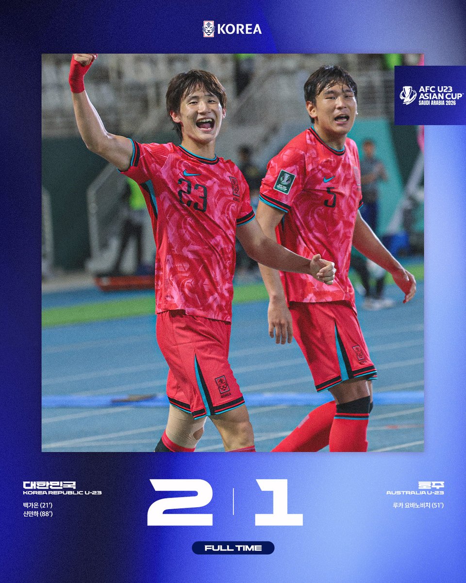 [FT] 대한민국🇰🇷 2-1 호주🇦🇺

팽팽했던 접전, 경기 막판까지 집중력을 잃지 않으며 끝내 승리를 챙깁니다 ✨
준결승 대진은 숙명의 한일전! 다가올 일정에서도 힘을 실어주세요 👍🏻

✔2026 AFC U-23 아시안컵 준결승
🇰🇷v🇯🇵#일본 1/20(화) 20:30
📍사우디아라비아 ⏰한국 시간 기준