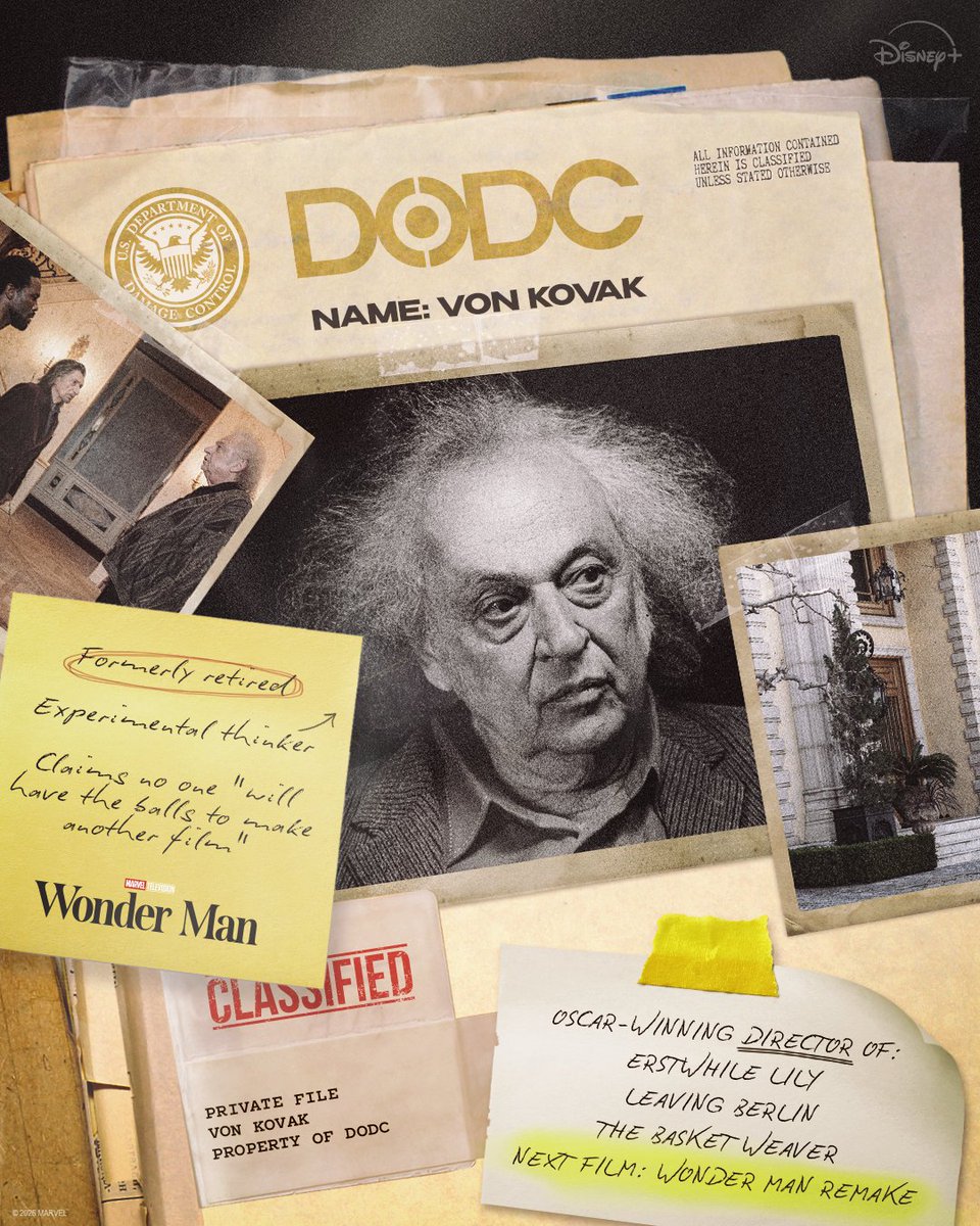 MarvelStudios's tweet image. Department of Damage Control Subject: Von Kovak

 File Status: ACTIVE

 Stream Marvel Television’s #WonderMan, an 8-episode series, premiering January 27 at 6PM PT only on @DisneyPlus.