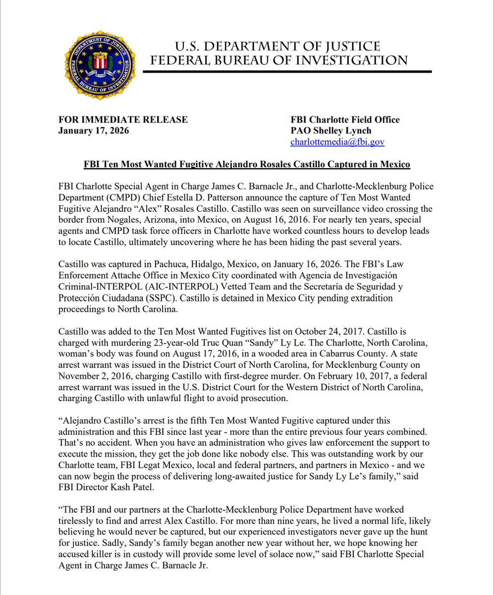 FBICharlotte's tweet image. #BREAKING FBI Ten Most Wanted Fugitive Alejandro Rosales Castillo Captured in Mexico. 
@FBICharlotte Special Agent in Charge James C. Barnacle Jr., and @CMPD Chief Estella D. Patterson announce the capture of Ten Most Wanted Fugitive Alejandro “Alex” Rosales Castillo.
Castillo