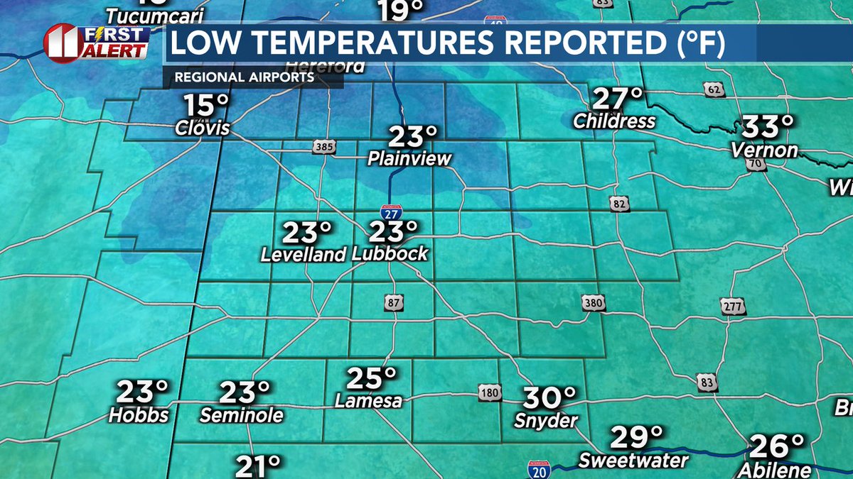 DivineWeather's tweet image. Lows Saturday AM at regional airports. Cloud cover, as expected, kept most from getting even colder. Tonight lear so Sunday lows, generally, little colder. Forecast in the free KCBD weather app and our weather page at kcbd.com/weather. #Lubbock #LowTemp #Winter #Forecast