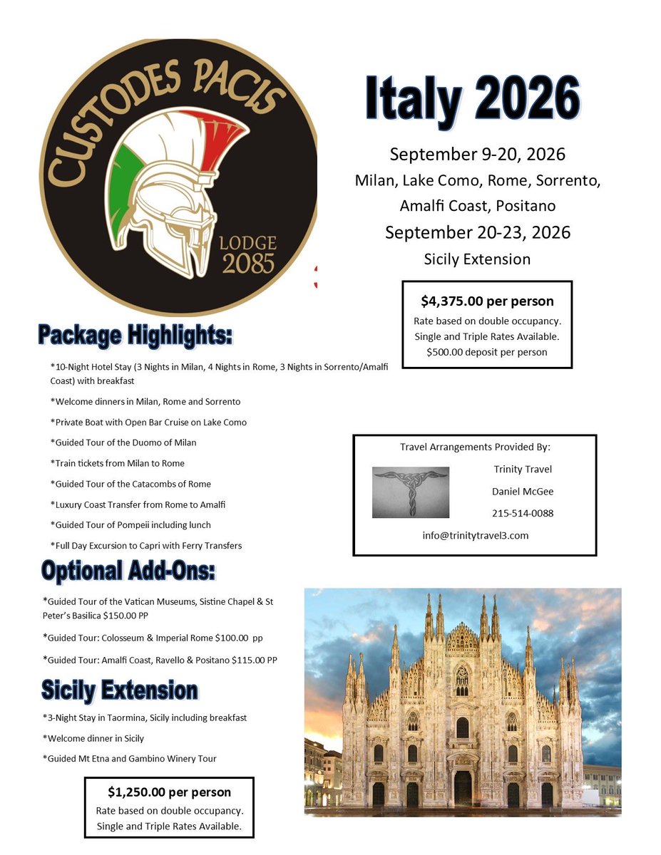 CPLodge2085's tweet photo. ⁦Ciao a tutti! @CPLodge2085⁩ is sponsoring yet another fabulous trip to Bel’Italia!  We leave on 9/9/26 (235 days away!) for Milano then head to southern Italy with many stops in between. A 3-day Sicily extension is also available!  See below for details! ❤️🇮🇹❤️ https://t.co/KsyuVhu8Ff