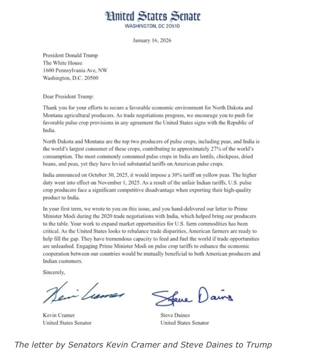 tathvamasi6's tweet image. 🚨 🚨 BIG MOVE FROM INDIA — BIG PRESSURE IN THE U.S.

India has imposed a 30% tariff on U.S. pulse crops, and the shockwaves have reached Washington.

US Senators Kevin Cramer (ND) &amp;amp; Steve Daines (MT) just urged President Trump to push India to drop or reduce its 30% tariff on