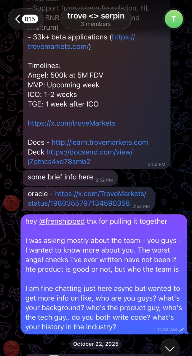 serpinxbt's tweet photo. this was the info that they had sent me about who the team was back in october 

just generic web3 experience

they also said the tge was in 1-2 weeks lol https://t.co/mC31C08acL