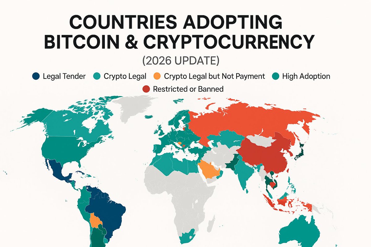 Countries Adopting Bitcoin & Crypto (2026 Update) 1/ 🌍 Crypto adoption is  accelerating worldwide. From legal tender milestones to full regulatory  frameworks, nations are embracing digital assets at record speed. 2/ 🇸🇻