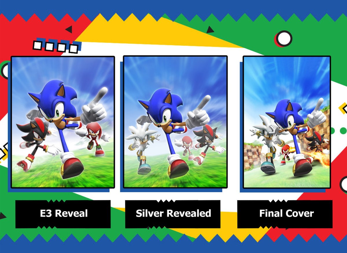 Sonic_Hedgeblog's tweet image. A comparison of early iterations of the art used for the cover of 'Sonic Rivals'. Initially Silver was not revealed to be playable in the game. The final version features more detailed backgrounds.