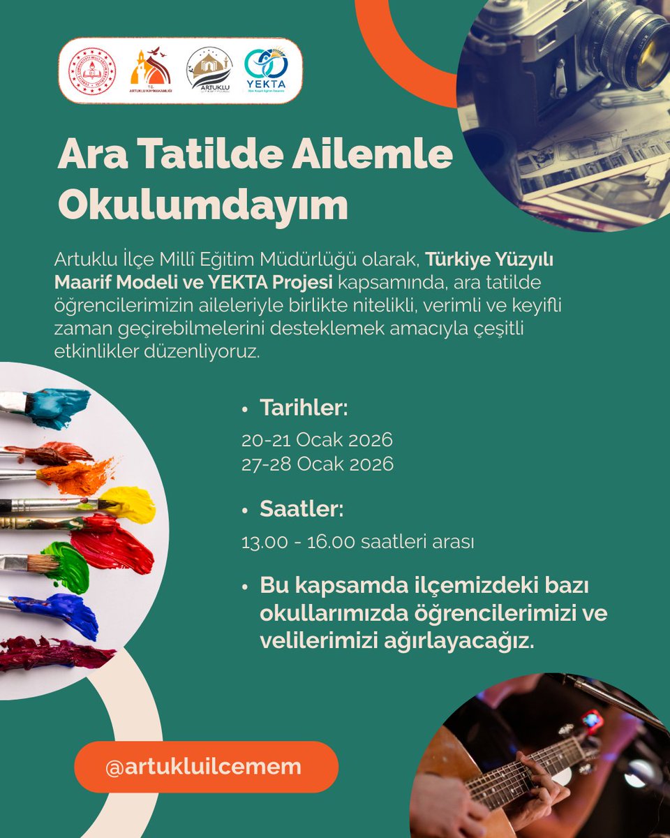 #AraTatildeAilemleOkulumdayım

Artuklu İlçe Milli Eğitim Müdürlüğü olarak, Türkiye Yüzyılı Maarif Modeli ve YEKTA Projesi kapsamında, ara tatilde öğrencilerimizin aileleriyle birlikte keyifli zaman geçirebilmelerini desteklemek amacıyla çeşitli etkinlikler düzenliyoruz.