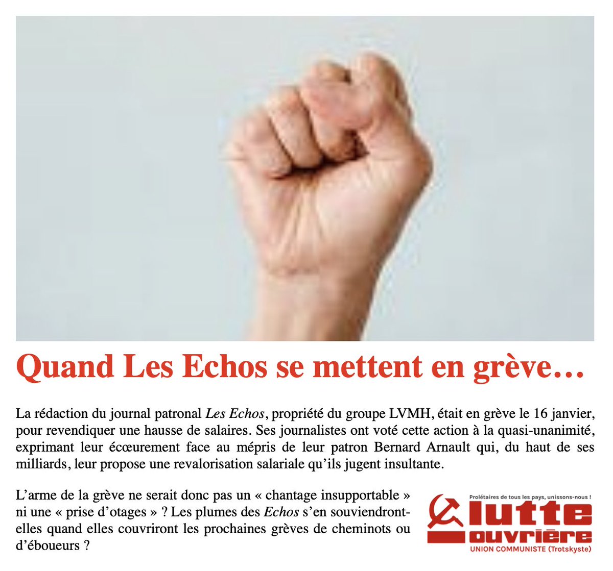 #LVMH #Arnault Journalistes des Echos en grève pour les salaires. L’arme de la grève ne serait donc pas un « chantage insupportable » ni une « prise d’otages » ? Les plumes des Echos s’en souviendront-elles quand elles couvriront les prochaines grèves de cheminots ou d’éboueurs ?