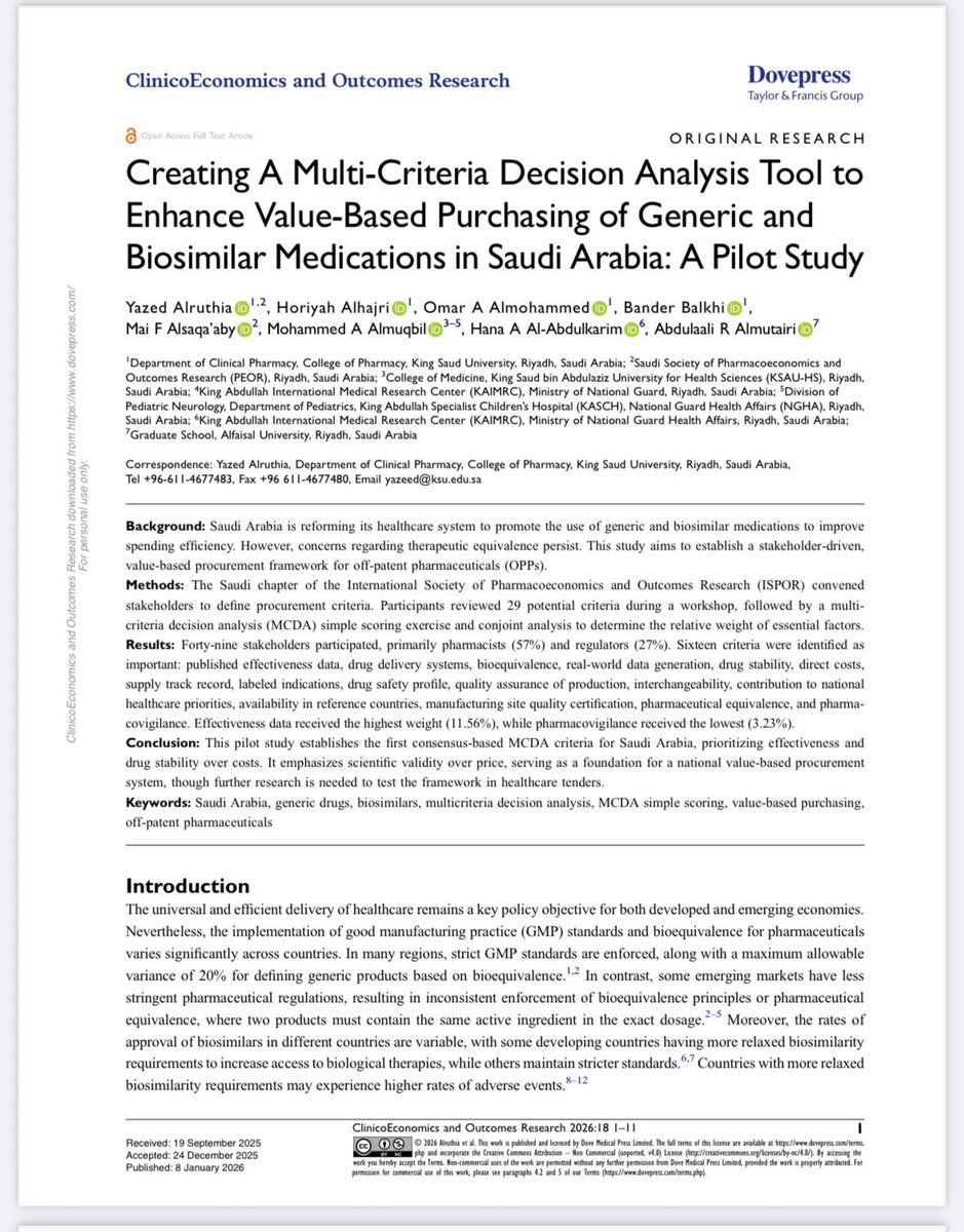 We are excited to share the findings of a pivotal pilot study recently published in ClinicoEconomics and Outcomes Research, which establishes a new Multi-Criteria Decision Analysis (MCDA) tool for procuring generic and biosimilar medications in Saudi Arabia.
 
The Shift to