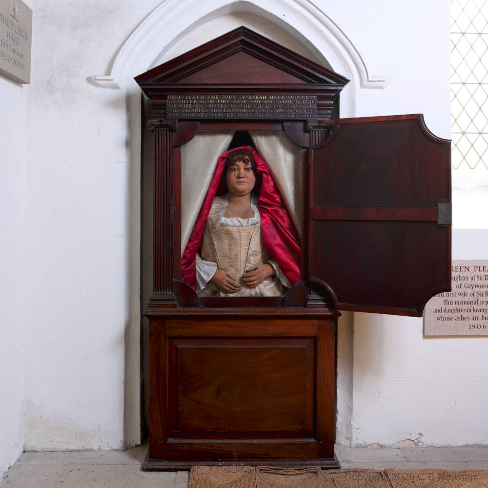 cbnewham's tweet photo. The Lady in the Mahogany Case

Hidden in a corner of Stow Bardolph church (Norfolk) stands one of England's most extraordinary monuments - Sarah Hare (d.1744) preserved forever in wax. https://t.co/g68hx7c1Ko