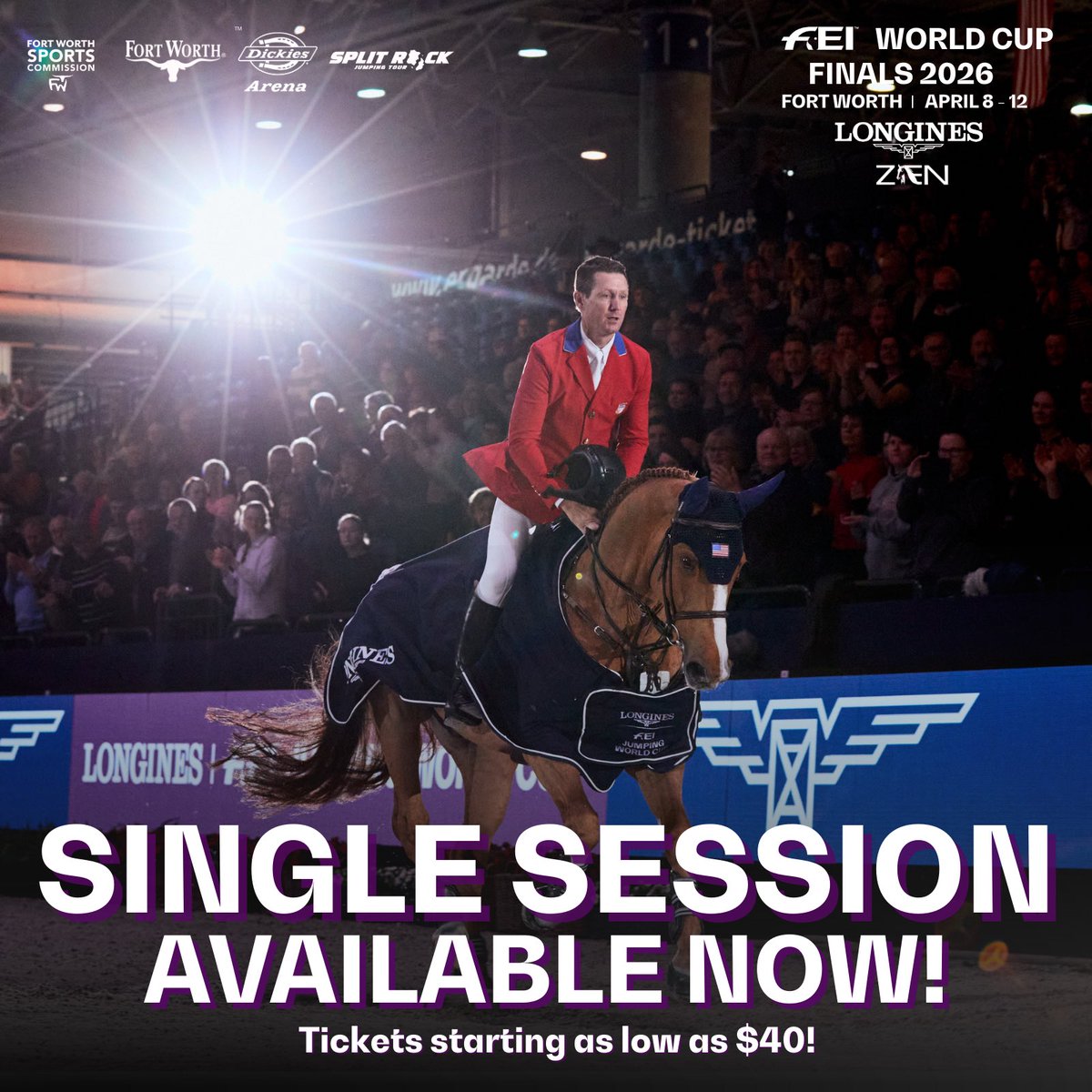Secure your individual seats for the FEI World Cup™ Finals 2026 Fort Worth, April 8–12 Dickies Arena. Experience the best world-class show jumping and dressage combinations compete for the title of World Cup Champion! 🏆

Tickets ➡️ ticketmaster.com/venue/99330?at…