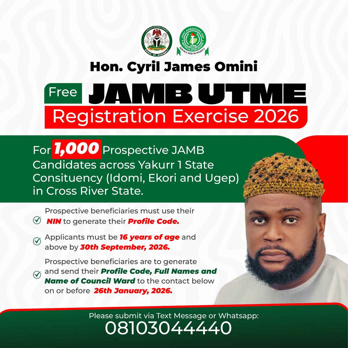 It is my pleasure to announce the release of Eight Million, Seven Hundred Thousand Naira (N8,700,000) to secure One Thousand (1,000) JAMB application forms for prospective tertiary institution students from our constituency.

Education is the cornerstone of empowerment and this