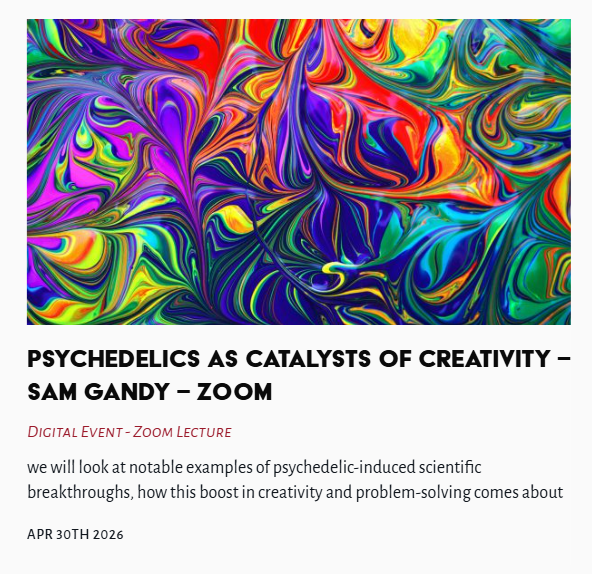 TheLastTuesdayS's tweet image. Tonight's Lecture --Psychedelics as Catalysts of Creativity - Sam Gandy - Zoom

#Psychedelics #Catalysts #Creativity  #SamGandy @TheLastTuesdayS @SamwiseGandy 

thelasttuesdaysociety.org/event/psychede…