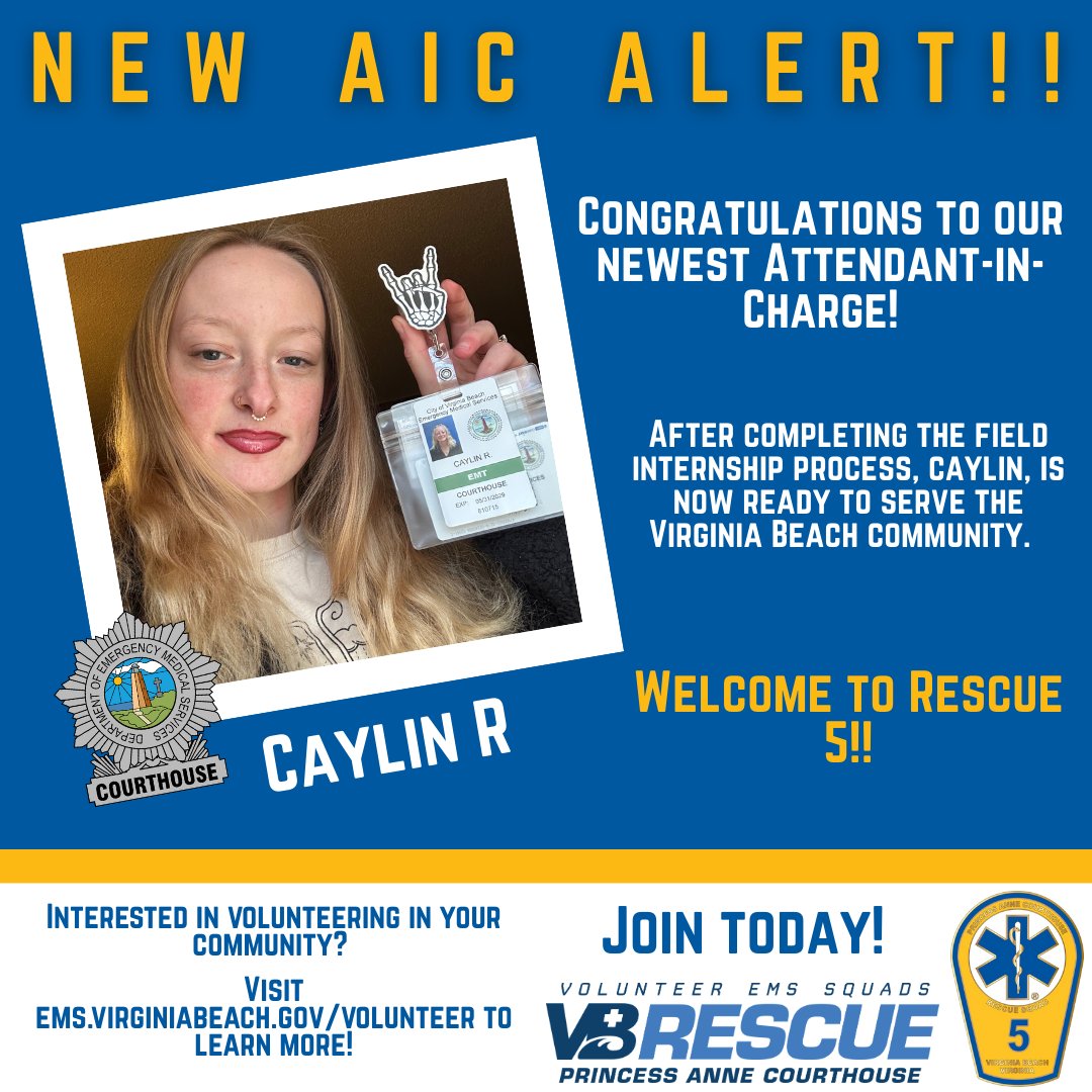 PACHVRS's tweet image. 🚑 NEW AIC ALERT! 🚑
Join us in congratulating Caylin R. on her release as an Attendant-in-Charge.  

#CourthouseStrong 
#VBRescue
#Rescue5
#VBStrong 
#neighborshelpingneighbors