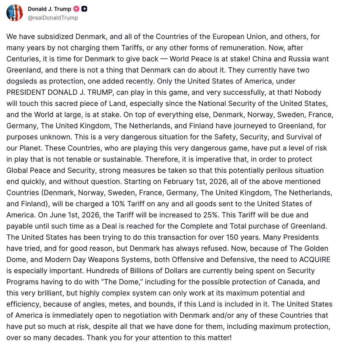 Trump dice que impone un arancel del 10% a Dinamarca, Noruega, Suecia, Francia, Alemania, el Reino Unido, Finlandia y los Países Bajos a partir del 1 de febrero.

Pues bien, no puede. La política comercial no es competencia nacional, sino exclusiva de la Unión Europea. Así que