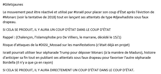 andreileterrib1's tweet photo. #GiletsJaunes 

Le mouvement peut être réactivé et utilisé par #Israël pour placer son coup d'État après l'éviction de #Monarc (voir la tentative de 2018) tout en lançant ses attentats de type #djewhadiste sous faux drapeau. https://t.co/CoW9TTaC8D