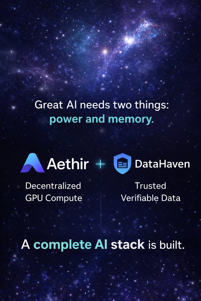 FerdusMiya's tweet photo. Great AI needs two things: power and memory. Aethir provides decentralized GPU compute, and DataHaven protects trusted, verifiable data. That’s how a complete AI stack is built.

@DataHaven_xyz @aethircloud https://t.co/OHQjBy39Ju