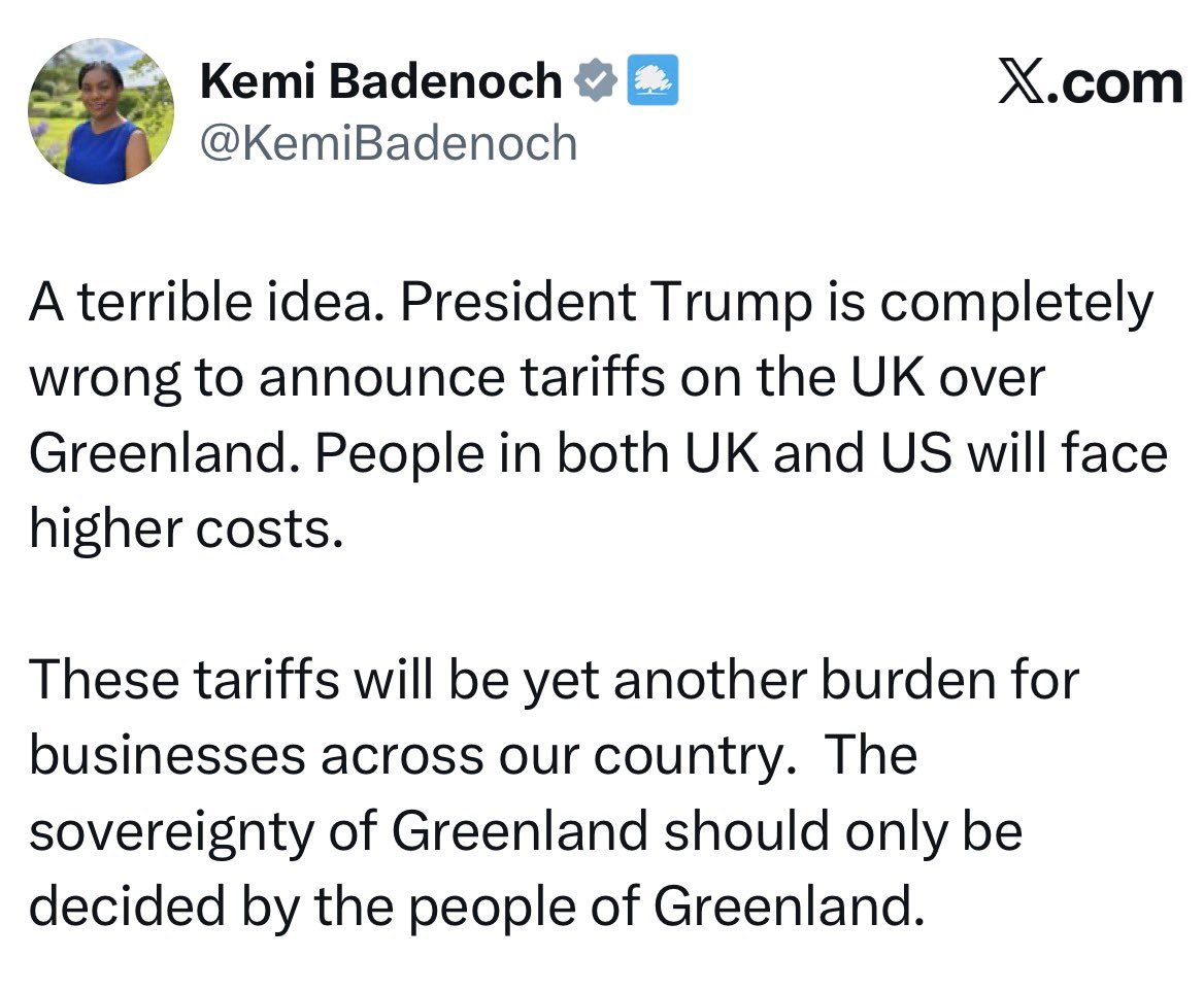BREAKING: The leader of the United Kingdom’s Conservative Party just SLAMMED Trump for threatening the UK with tariffs as high as 25% over Greenland. What Trump is doing is extortion and even Trump-friendly conservative leaders understand that.