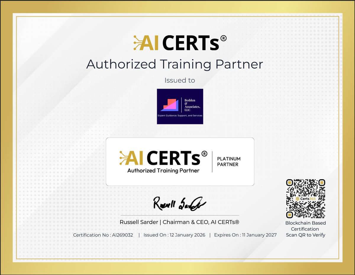 We’re proud to announce that Bedden Associates, LLC is now an Authorized Training Partner and Platinum Partner of AI CERTS®! 🏆
✅ Blockchain-verified certification ensures trust and authenticity.📲 Scan the QR code to verify and learn more about our journey!
#AICERTS