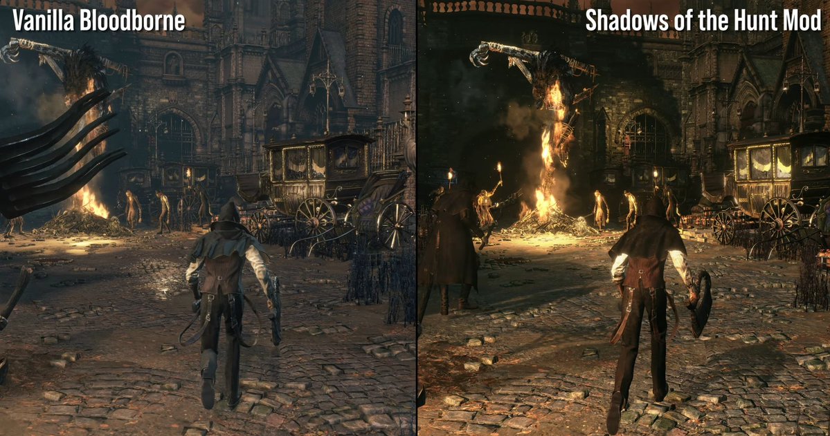 fromsoftserve's tweet image. thanks to @digitalfoundry for heavily featuring my Shadows of the Hunt mod in their latest video! Pretty surreal as i've been a DF sicko for as long as I can remember, going back to PS3/360 comparisons (yes, i'm old lol). not totally happy with how it looks, but work continues!