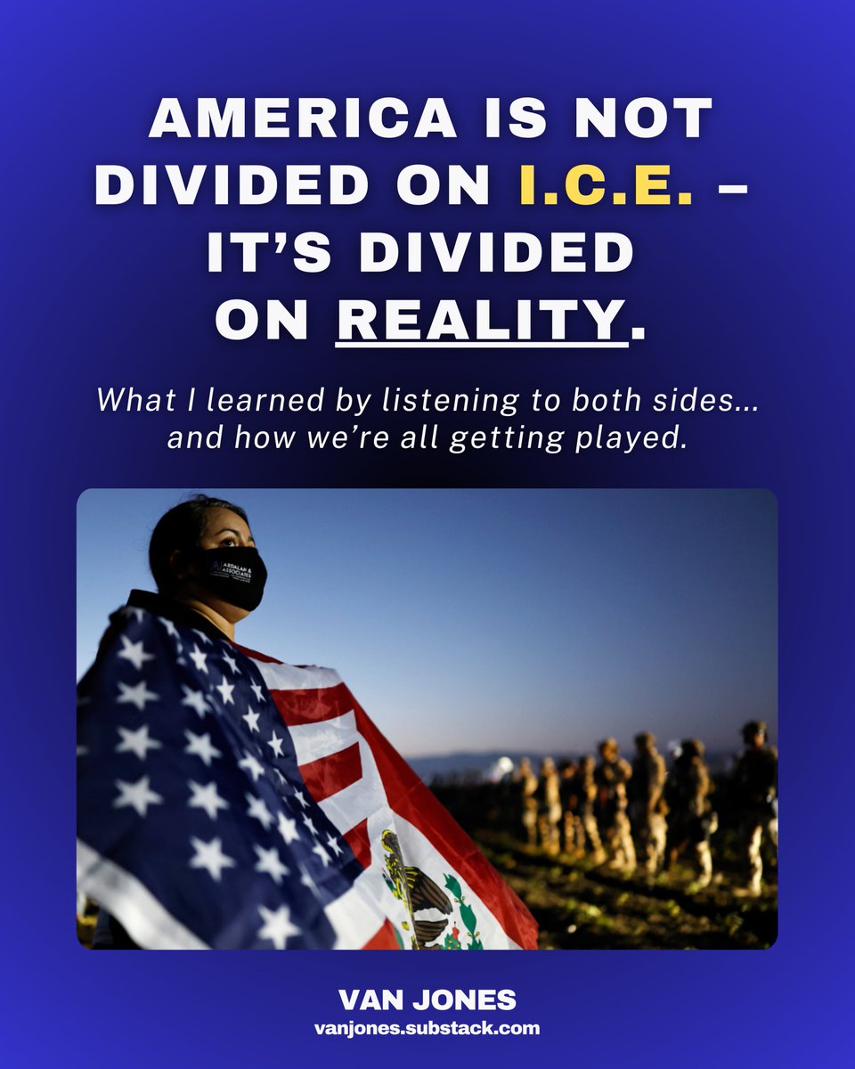 VanJones68's tweet image. When we’re arguing about I.C.E., we’re not actually arguing about immigration policy. We’re arguing about legitimacy. And we’re doing it while watching two completely different movies…

I spent the last week really listening to the voices on all sides of this conflict. ICE…