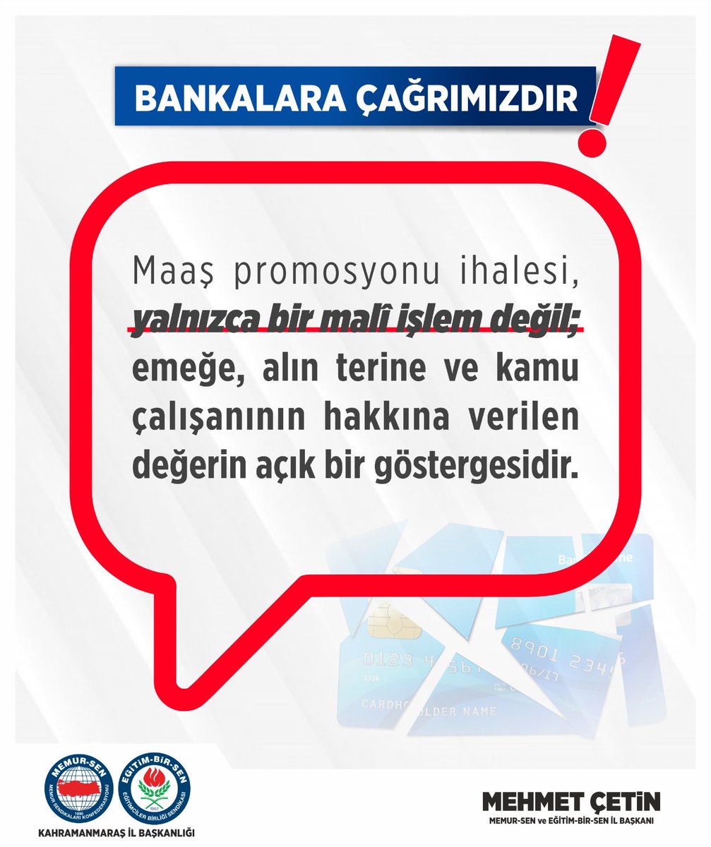 Maaş promosyonu ihalesi, yalnızca bir malî işlem değil; emeğe, alın terine ve kamu çalışanının hakkına verilen değerin açık bir göstergesidir.

#Kahramanmaraş I #EğitimBirSen l #BankaTercihimDeğişti I #ÖğretmeneDeğer I #EmeğeSaygı I #PromosyonGerçeği